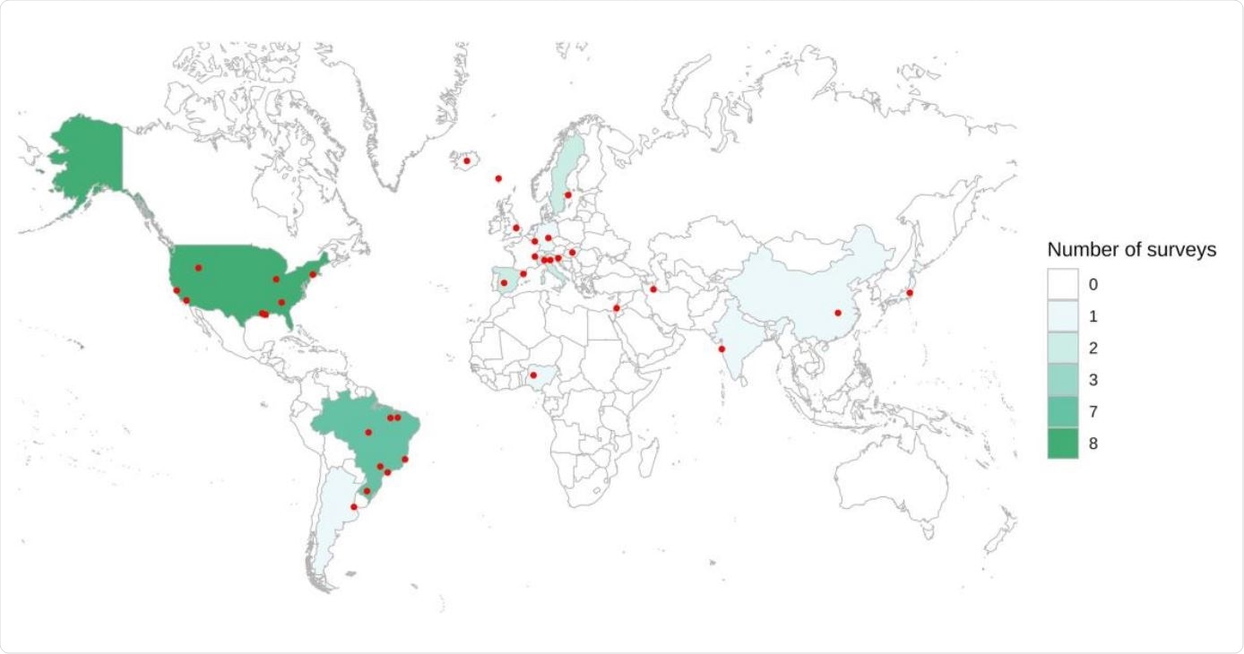 Map of countries and specific regions with prevalence surveys. Red dots represent regions and cities where the initiatives were performed. In nationwide studies, the point was placed in the center of the country.