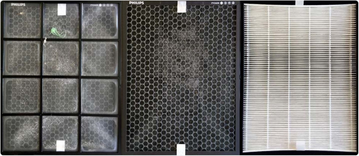 Pre-filter (left), active charcoal filter (middle) after one week of operation in the classroom. Coarse dust, hairs and fluff can be discerned. No deposits of particles could be discerned by eye on the HEPA-Filter (right). Sections that appear darker are due to the illumination.