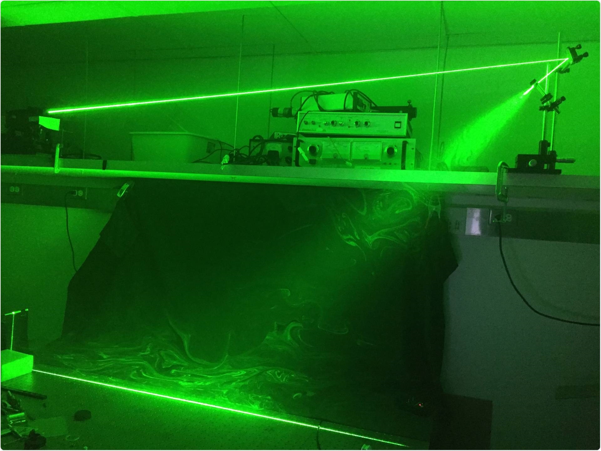 The researchers used this laser sheet to illuminate the saliva droplets. The laser light, originating at the left, is expanded to form a “sheet” going from left to right and about a meter high. The research subject (usually Manouk Abkarian of CNRS) would stand in front of the sheet or next to it, depending on the experiment. Drops from their speech or breath that crossed the sheet would produce flashes that they photographed and counted. Some experiments added a Halloween fog machine to see how the subject’s breath or speech droplets interact with the movement of ambient fog droplets.  Photo by Manouk Abkaria