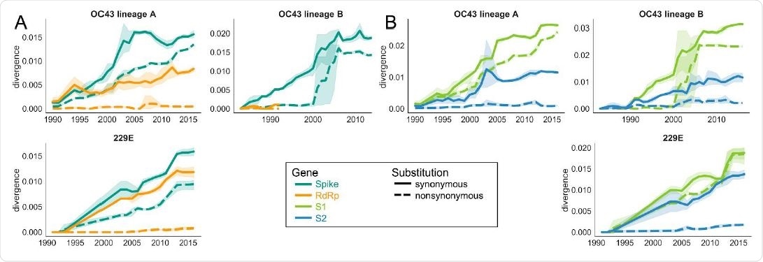 Nonsynonymous divergence is higher in OC43 and 229E Spike S1 versus S2 or RdRp. A: Nonsynonymous (dashed lines) and synonymous divergence (solid lines) of the spike (teal) and RdRp (orange) genes of all 229E and OC43 lineages over time. Divergence is the average Hamming distance from the ancestral sequence, computed in sliding 3-year windows which contain at least 2 sequenced isolates. Shaded region shows 95% confidence intervals. B: Nonsynonymous and synonymous divergence within the S1 (light green) and S2 (blue) domains of spike. Year is shown on the x-axis. Note that x- and y-axis scales are not shared between plots.