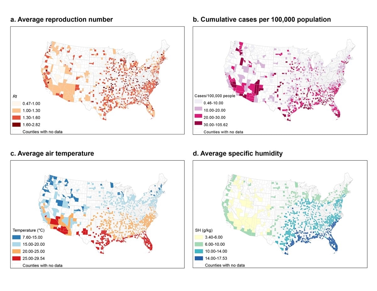 Map of the distribution of reproduction number, cumulative cases, air temperature 85 and specific humidity in study counties.