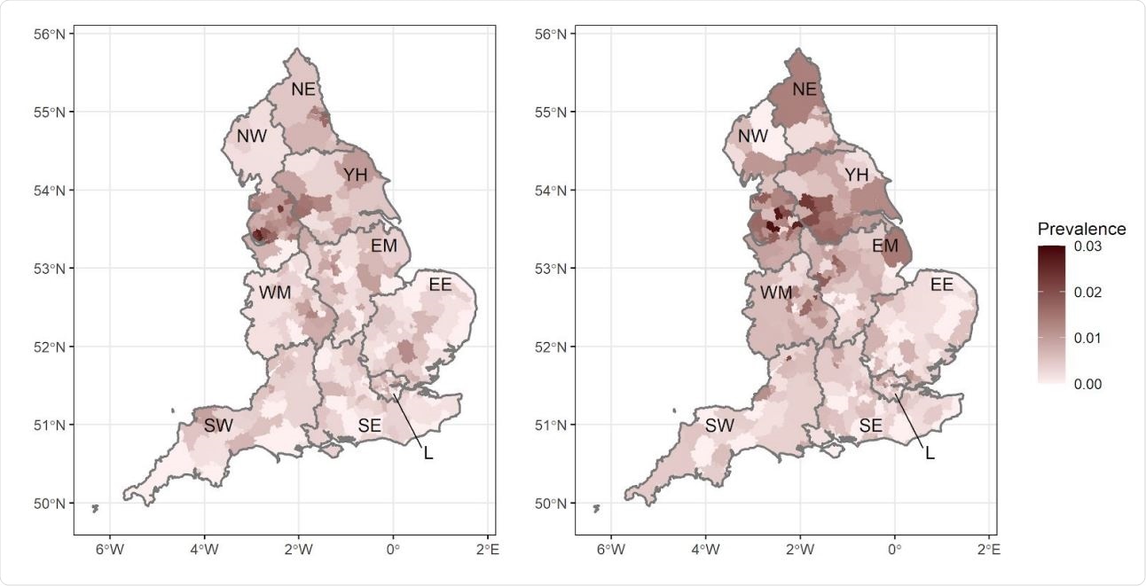 Prevalence of swb-positivity by lower-tier local authority for England for round 5 (left) and round 6 (right). Regions: NE = North East, NW = North West, YH = Yorkshire and The Humber, EM = East Midlands, WM = West Midlands, EE = East of England, L = London, SE = South East, SW = South West.