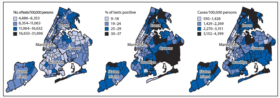 Cumulative crude rates of COVID-19 testing per 100,000 population, percentage of tests positive for SARS-CoV-2, and cumulative crude rates of COVID-19 cases per 100,000 population,* by modified ZIP code tabulation areas — New York City, February 29–June 1, 2020
