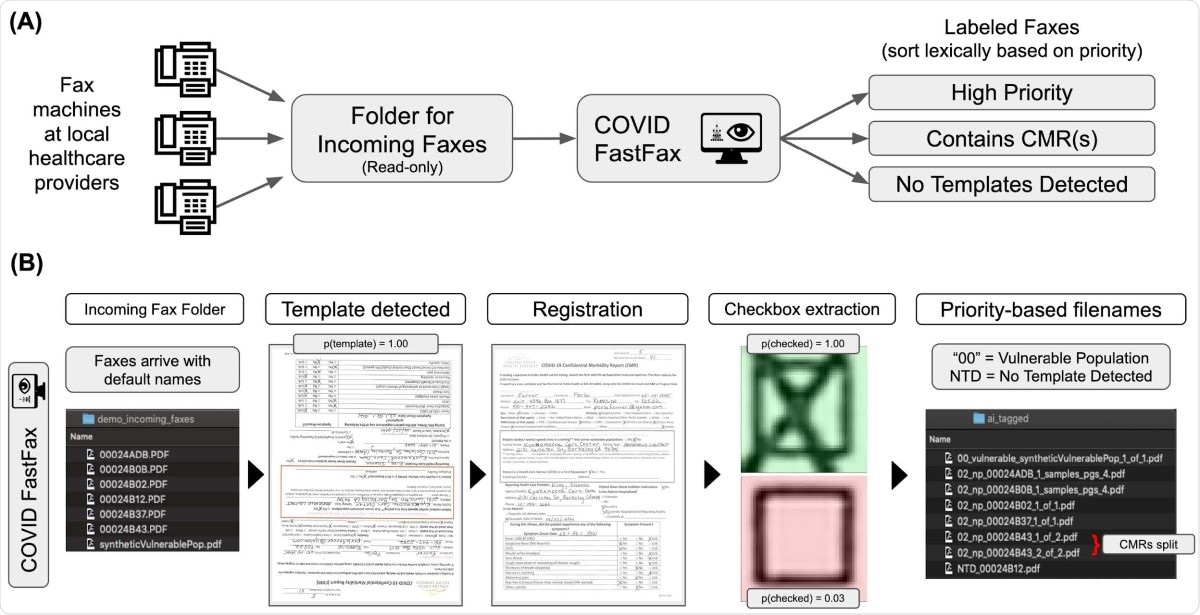Overview of COVID Fast Fax System. (A) Shows overall CMR fax workflow, where local healthcare providers faxes are received by a holding folder that maintains the original faxes unaltered. These fax documents are then ingested by the COVID Fast Fax system yielding prioritized reports based on priority status and likelihood of containing a CMR. (B) Schematic showing the COVID Fast Fax internal system process. An ingested PDF is split into pages and each page is processed separately. First, a neural network classifies each page as to whether it contains one of the CMR templates. Second, if a template is detected, the page is registered to the relevant known templates and a match is confirmed. If a match is confirmed, then checkboxes are extracted and classified as checked or unchecked. This process results in metadata on triage priority, the total number of CMRs, and the location of CMRs within the original documents.