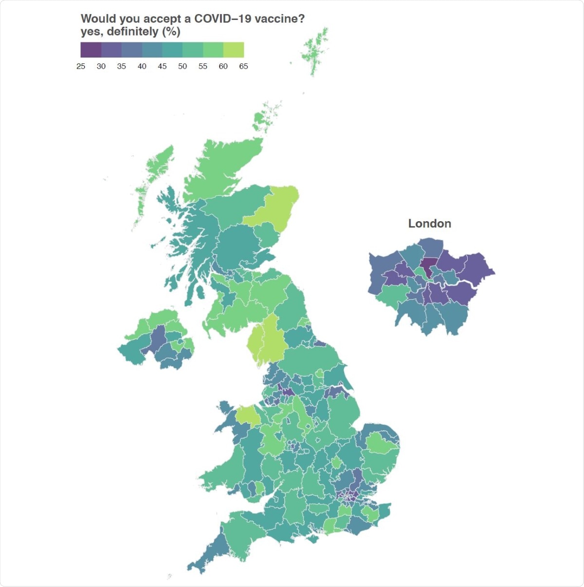 Intent to accept a COVID-19 vaccine. The estimated proportion of respondents in each of the UK’s 174 NUTS3 region who would definitely accept a COVID-19 vaccine are shown.