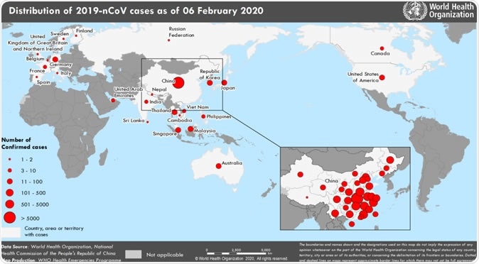 Countries, territories or areas with reported confirmed cases of 2019-nCoV, 6 February 2020. Credit: WHO