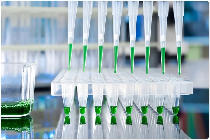 Closeup on automatic multipipette tips over 96 well plate. Image Credit: Anyaivanova / Shutterstock