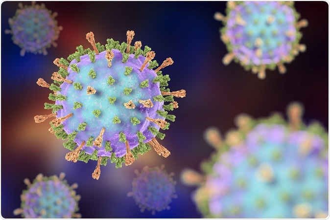 Mumps virus. 3D illustration showing structure of mumps virus with surface glycoprotein spikes heamagglutinin-neuraminidase and fusion protein. Image Credit: Kateryna Kon