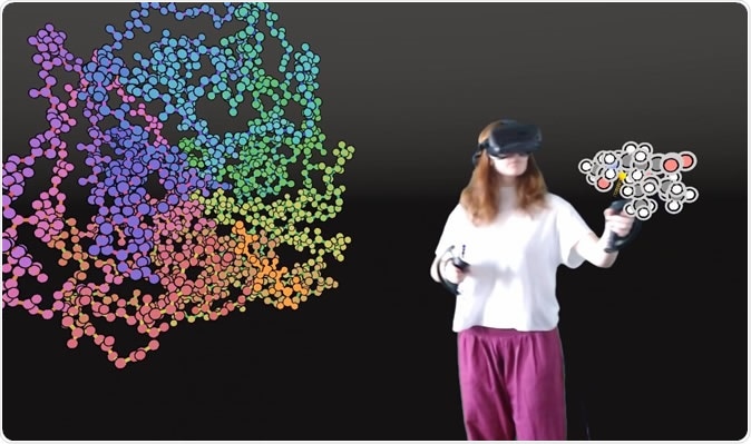 User interacting with a protein in VR. Image Credit: University of Bristol