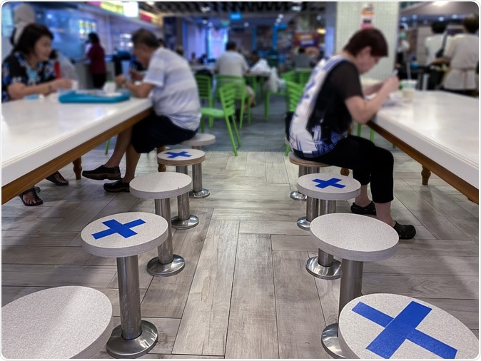 Singapore Mar: 2020. Social distancing rules in practice, alternate seating in local public food courts (restaurants, food outlets), to reduce risk of further transmission; safety measures Image Credit: Kandl / Shutterstock