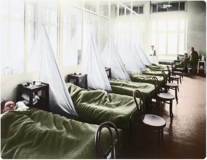An influenza ward at the U S Army Camp Hospital in Aix-les-Bains France during the Spanish Flu epidemic of 1918-19, 1918 photograph with digital color. Image Credit: Everett Historical / Shutterstock