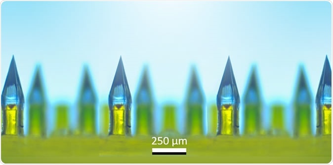 Microneedle arrays contain hundreds of painless, dissolvable, tiny needles clustered on a miniature patch for delivery of vaccines or medications. Image Credit: Ozdoganlar / Carnegie Mellon
