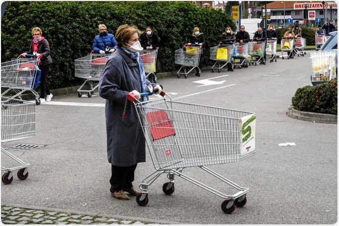 12/03/2020 Paina, Monza Brianza, Lombardy, Italy. - Coronavirus COVID-19 pandemic. People with facial masks and gloves queuing for quota entrance in the supermarket. Image Credit: Cristiano Barni / Shutterstock