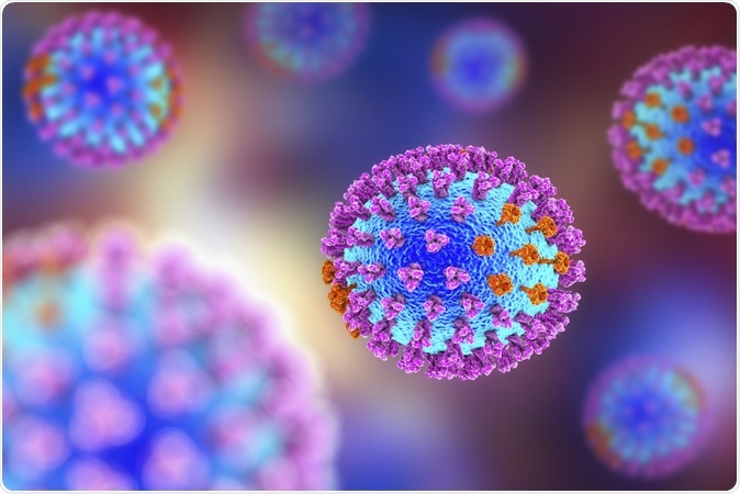 Influenza virus. 3D illustration showing surface glycoprotein spikes hemagglutinin purple and neuraminidase orange. Image Credit: Kateryna Kon / Shutterstock