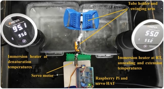 Water bath setup for SARS-CoV-2 detection using RT-PCR. Sous vide immersion heaters provided sufficient and consistent temperatures for RT, denaturation and annealing/extension steps. A Raspberry Pi controlled a servo motor that moved the PCR tubes between the baths with a cell phone app.