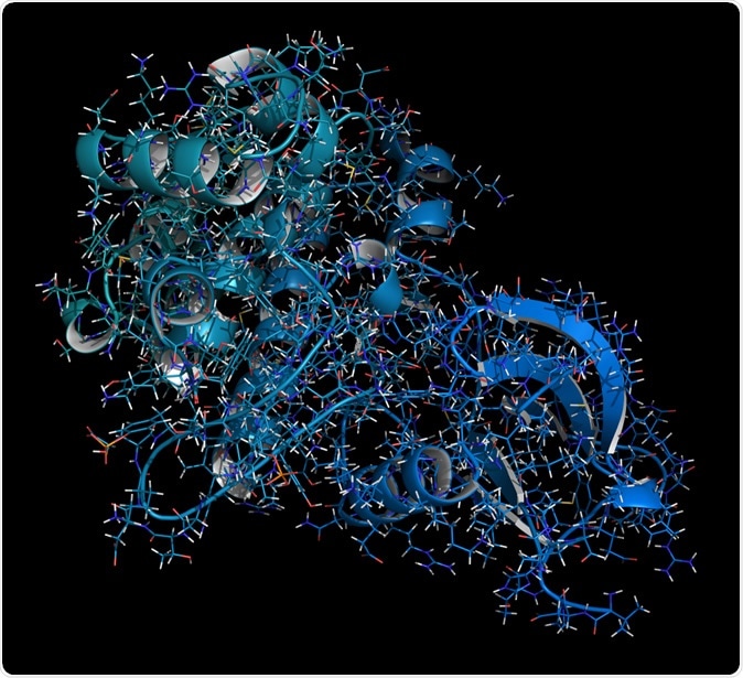 Janus kinase 1 protein. Part of JAK-STAT signaling pathway and drug target. Image Credit: StudioMolekuul / Shutterstock