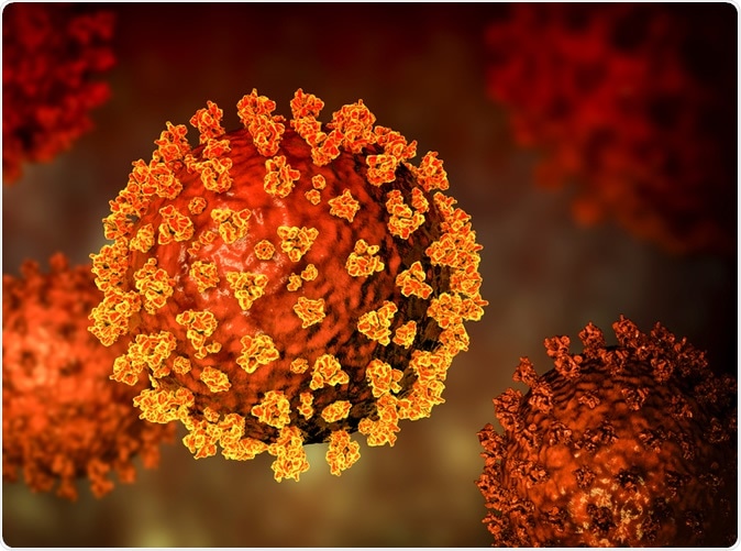 SARS-CoV-2 coronavirus, the virus which causes COVID-19, scientifically accurate 3D illustration showing surface spikes of the virus. Image Credit: Kateryna Kon / Shutterstock