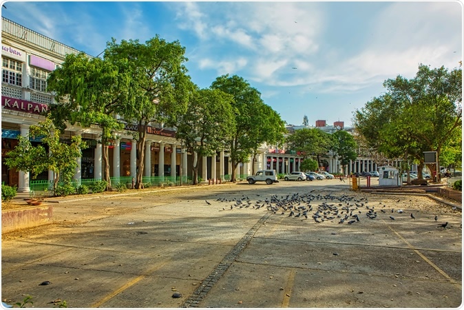 New Delhi, India - March 30th, 2020: Deserted Connaught Place at the time of lockdown due to quarantine for Covid 19, one of the largest business, commercial and financial centres in New Delhi, India. Image Credit: Prabhsas Roy / Shutterstock
