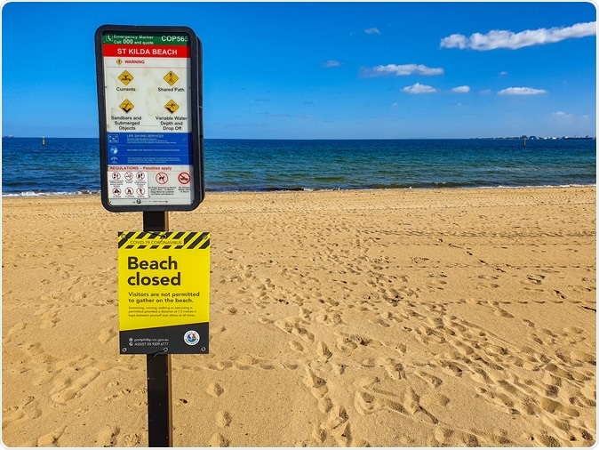 Melbourne, Australia - Apr 13, 2020: Beach Closed due to COVID-19. Coronavirus sign at St Kilda beach. Image Credit: Alex Cimbal / Shutterstock