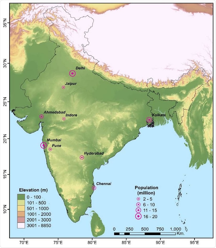 Location of the selected cities in India along with the total population of those cities.