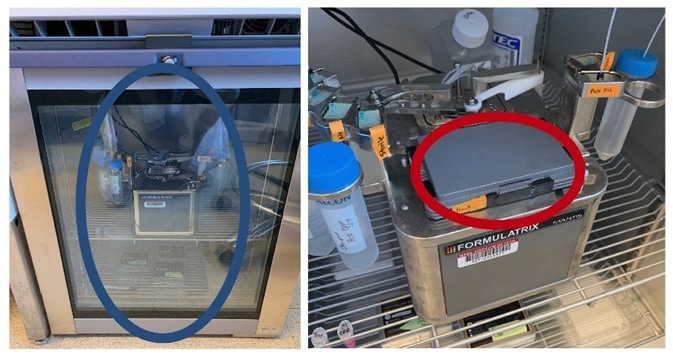 The MANTIS® has an exceptionally small footprint, allowing containment within a temperature-controlled environment. Here, the MANTIS® is sited within a refrigerator to allow Matrigel® plating at 4 oC on to a heated surface (grey = cold, red = warm). These conditions are ideal to form Matrigel® domes.