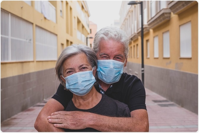 Elderly couple wearing face masks