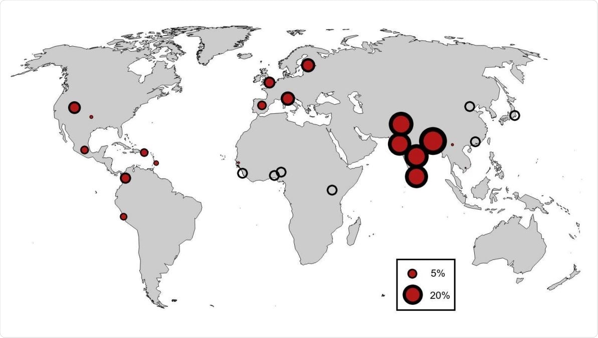 Geographical distribution of the Neandertal core haplotype conferring risk for severe COVID-19. Empty circles denote populations where the Neandertal haplotype is missing. Data from the 1000 Genomes Project.
