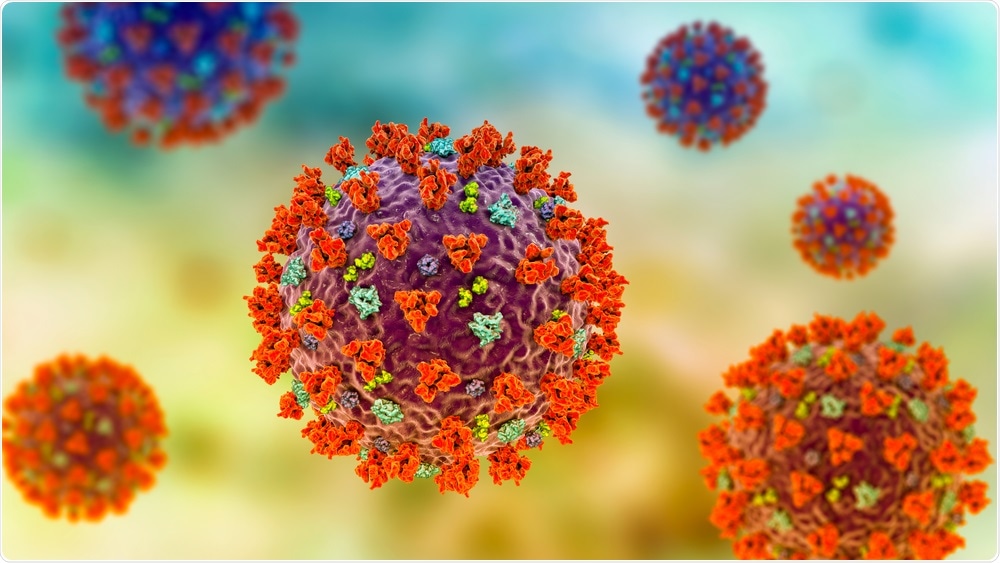 SARS-CoV-2, the coronavirus that causes COVID-19, 3D illustration shows surface spikes of the virus Glycoprotein S (red), Hemagglutinin-esterase (light blue), M-protein (light green), E-protein (blue). Image Credit: Kateryna Kon / Shutterstock