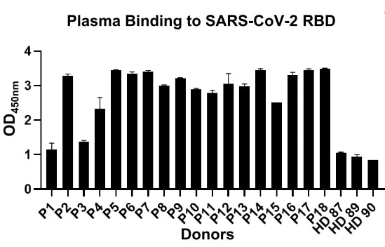 The binding affinity of plasma from each patient to RBD by ELISA. (P1-18, Patients with COVID-19 recovered. HD87-90, healthy donors)