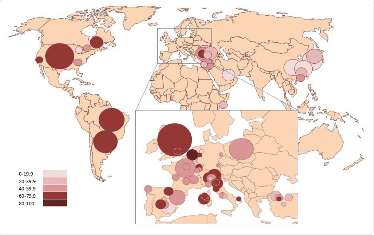 Worldwide prevalence of gustatory disorders (GD) in COVID-19 positive cases. Circle size is proportional to study population.