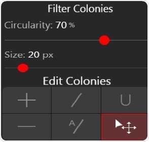c) VisionWorks colony count editing and filter options.