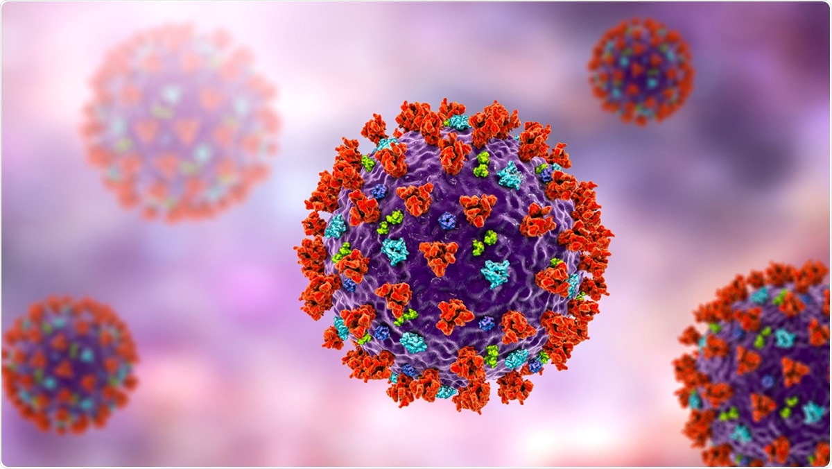 SARS-CoV-2 coronavirus, 3D illustration showing surface spikes of the virus Glycoprotein S (red), Hemagglutinin-esterase (light blue), M protein (light green), E protein (dark blue). Image Credit: Kateryna Kon / Shutterstock