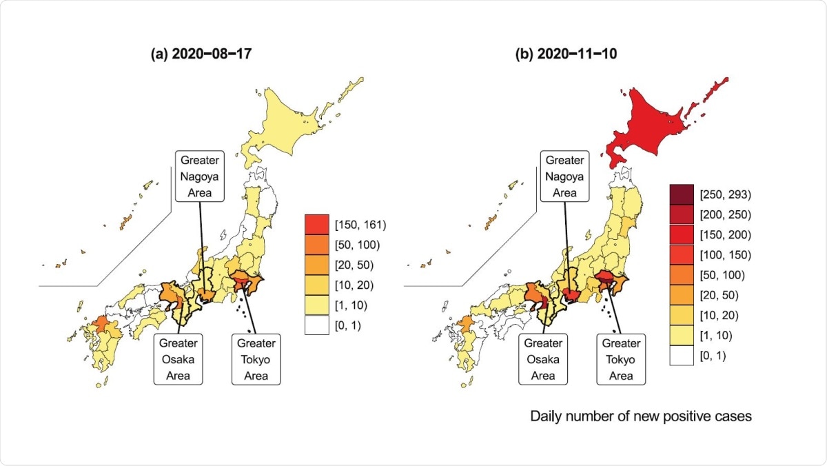 COVID-19 infections across prefectures. This map was constructed using data from the daily number of positive tests reported by each prefectural government.