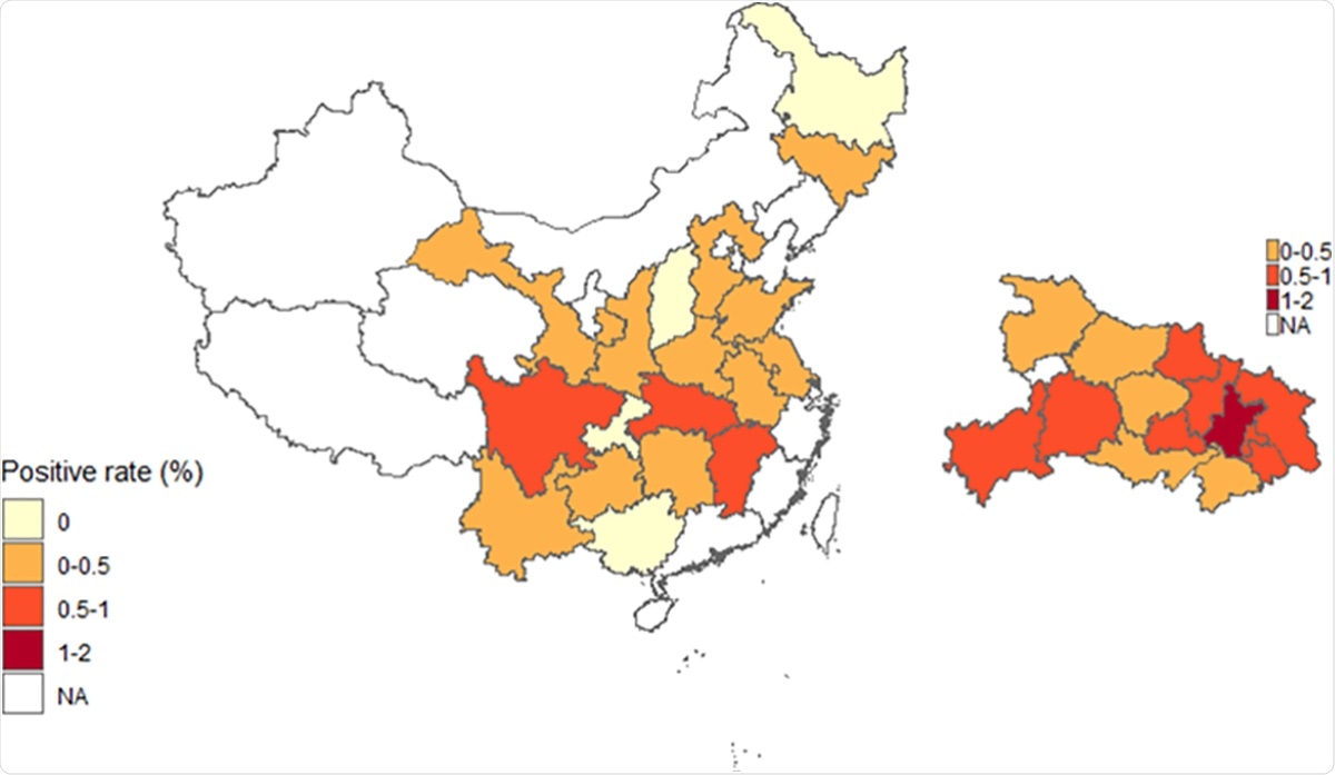 The total IgG and IgM antibody positive rate of SARS-CoV-2 in Hubei Province and other provinces with sample size >300 persons in mainland China.