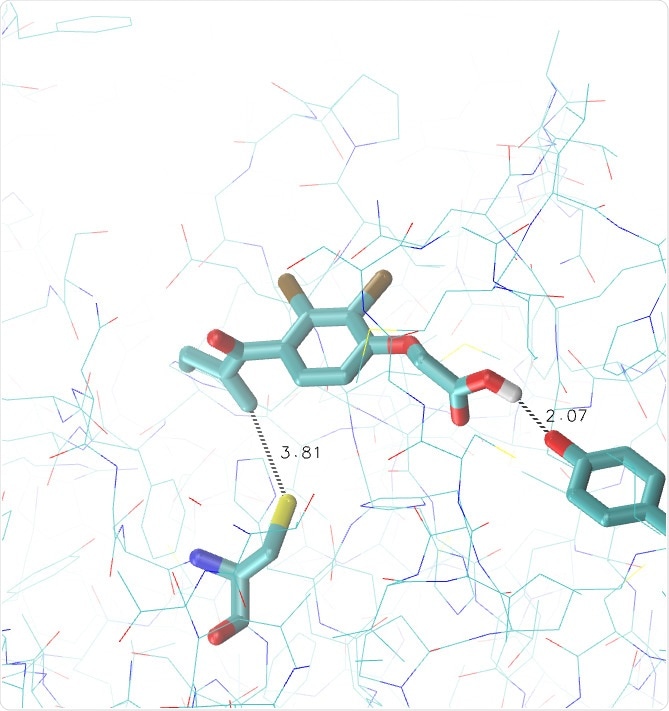 Molecular docking of ethacrynic acid at the active site of SARS-COV-2 Mpro. The protein structure correspond to the PDB entry 6LU7. Ethacrynic acid, Cys 145 and Tyr 54 are displayed in licorice. Reported distances are in Å.