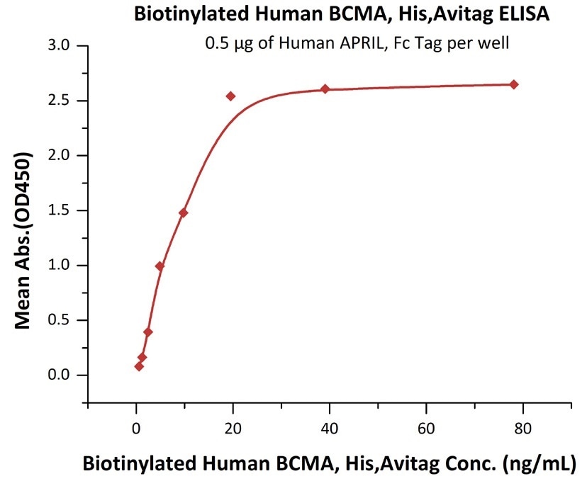 Immobilized Human APRIL, Fc Tag at 5 μg/mL (100 μL/well) can bind Biotinylated Human BCMA, His, Avitag (Cat. No. BCA-H82E4) with a linear range of 0.6–20 ng/mL.