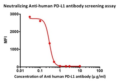 FACS analysis shows that the binding of PE-Labeled Human PD-1, Fc Tag, His Tag (recommended for neutralizing assay) (Cat.No.PD1-HP2F2) to 293T overexpressing PD-L1 was inhibited by increasing concentration of neutralizing antihuman PD-L1 antibody. The IC50 is 0.29 μg/mL (QC tested).