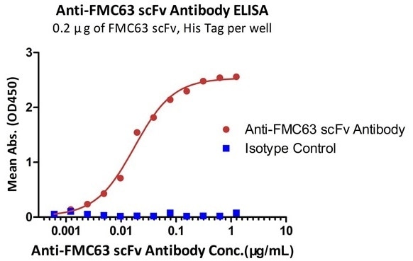 Immobilized FMC63 scFv, His Tag at 2 μg/mL (100 μL/well) can bind Monoclonal Anti-FMC63 scFv Antibody, Mouse IgG1 (Clone Y45) with a linear range of 1-19 ng/mL. Anti-DNP antibody, mouse IgG1 (Cat. No. DNP-M1) was used as an isotype control (QC tested).