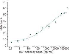 Cell Proliferation was Inhibited by Human HGF Antibody—10463-mh010. Proliferation of U87 MG cells elicited by autocrine HGF was inhibited by increasing concentrations of Human HGF Neutralizing Monoclonal Antibody. The IC50 is typically 1–4 µg/mL.
