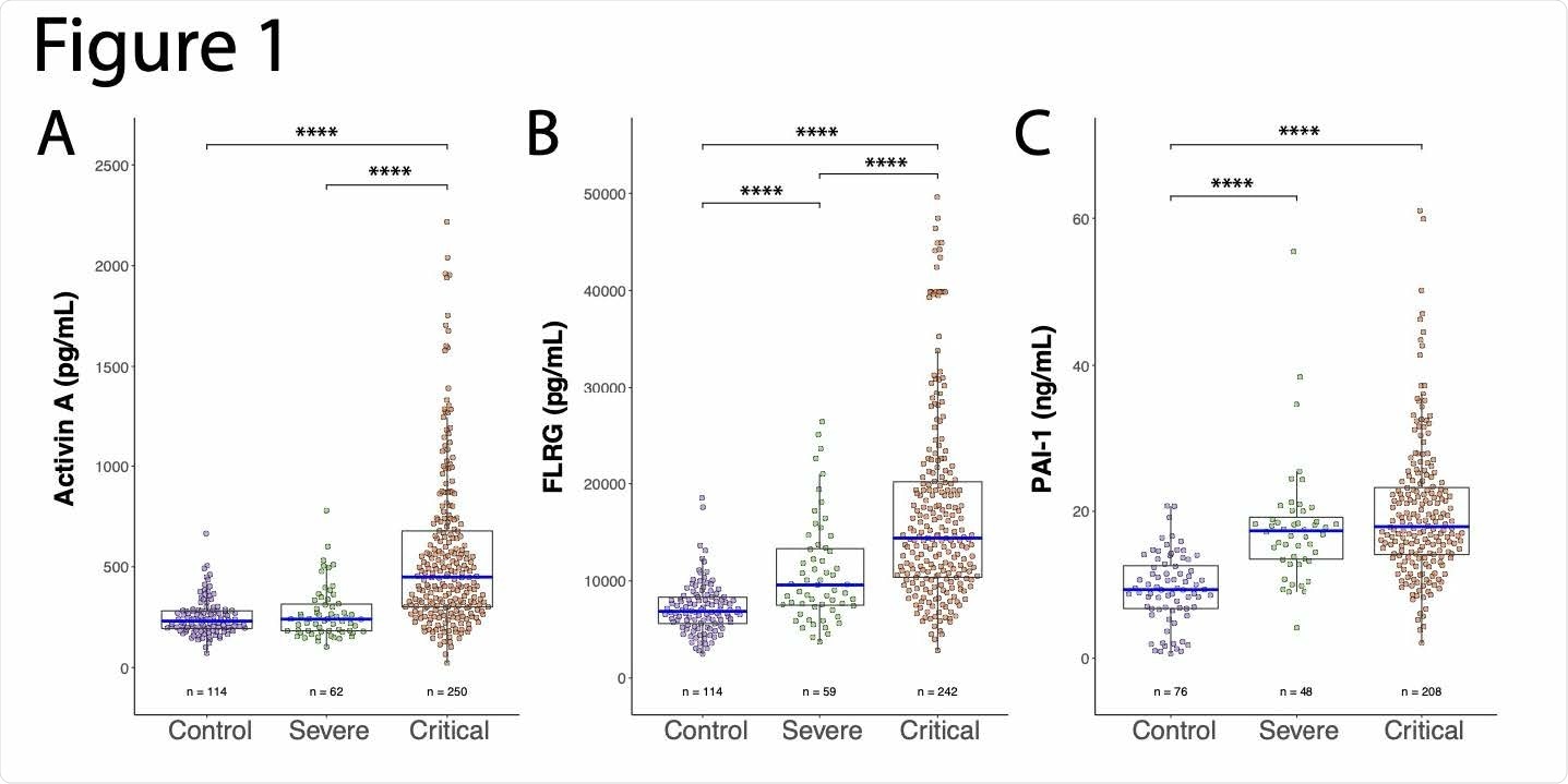 Activin A, FLRG, and PAI-1 levels vs disease severity in COVID-19 patients and in non-Covid 19 controls. A. Activin A (pg/mL) levels plotted for control, severe COVID-19, and critical COVID-19 subjects. Significant differences between control and critical COVID-19, and severe and critical COVID-19 were found. B. FLRG (pg/mL) levels plotted as in A. All groups were significantly different from each other, with FLRG levels increasing with disease severity. C. PAI-1 (ng/mL) levels plotted as in A. Significant differences were found between control and severe COVID-19, and control and critical COVID-19. Number of subjects tested in each group (n) is indicated under respective plots. **** p < 0.0001.