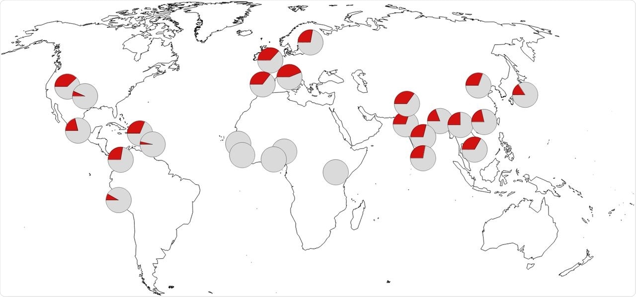 Geographic distribution of the allele indicative of the Neandertal haplotype protective against severe COVID-19. Pie charts indicate minor allele frequency in red at rs1156361. Frequency data are from the 1000 Genomes Project (23). Map source data are from OpenStreetMap.