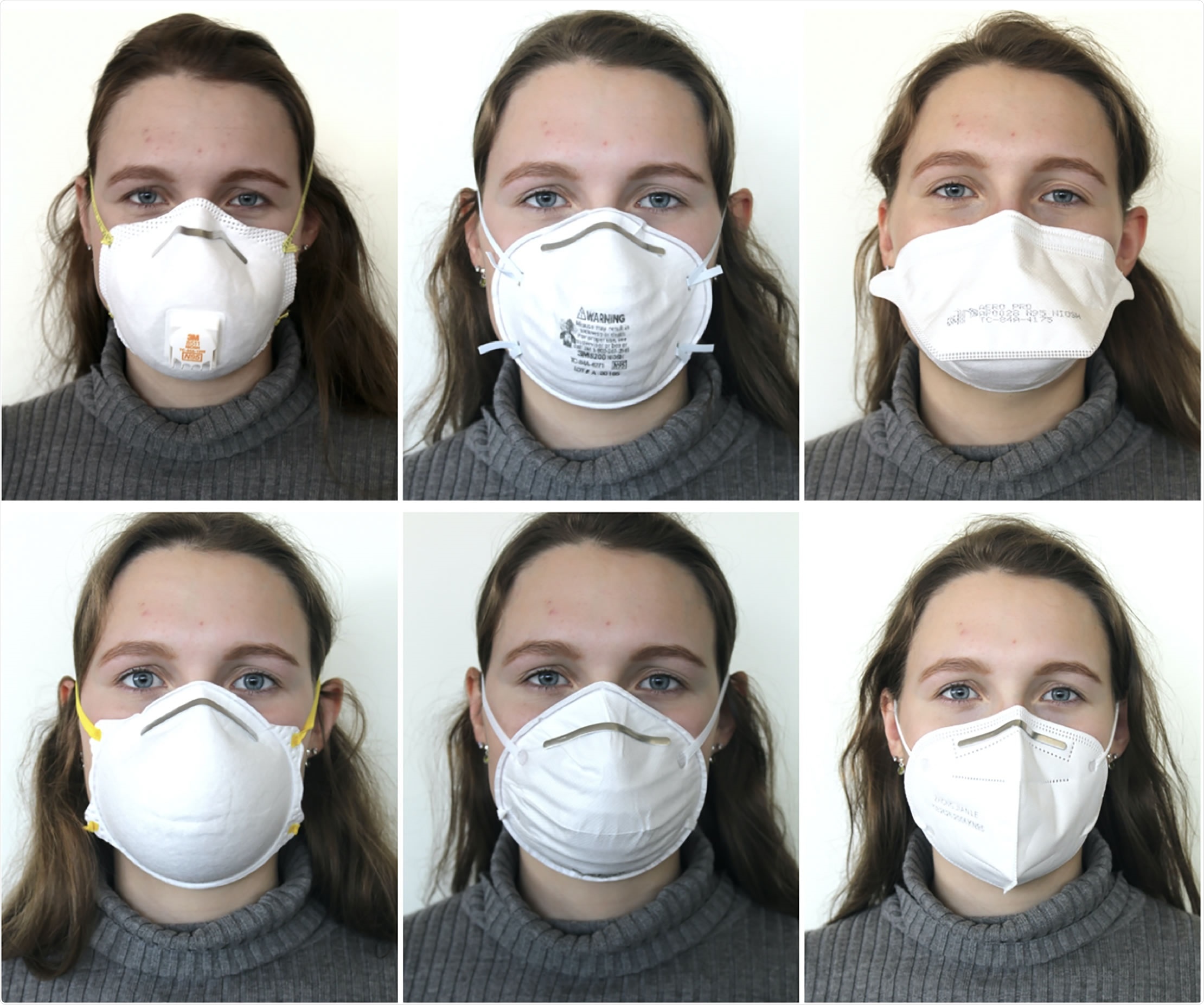 N95 and KN95 respirators tested.  Top row, from left to right: 3M 8511, 3M 8200, Aero Pro AP0028. Bottom row, from left to right: Makrite 9500, Xiantao Zong ZYB-11, Zhong Jian Le KN95.  https://doi.org/10.1371/journal.pone.0245688.g002