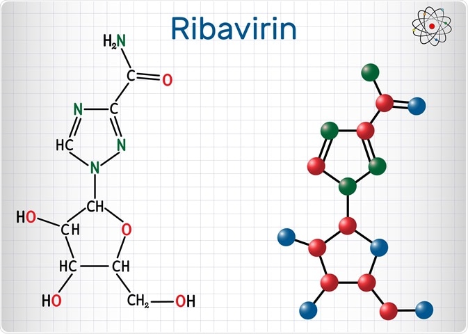 Ribavirin, tribavirin, C8H12N4O5 molecule. Image Credit: Bacsica / Shutterstock
