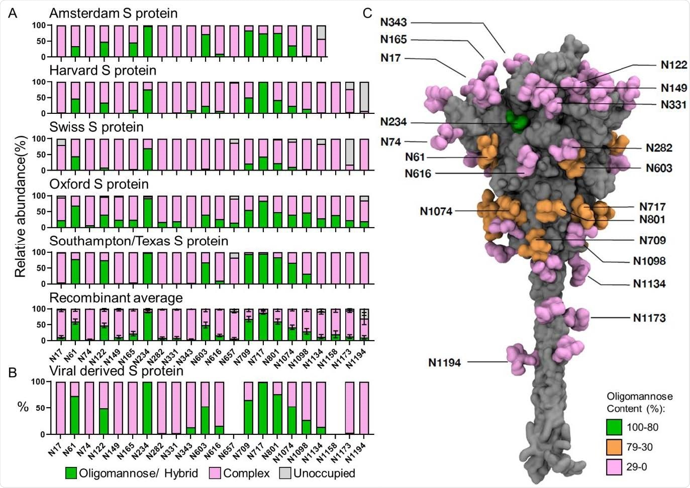 El glycosylation sitio-específico de la proteína derivada recombinante y viral de S de laboratorios múltiples. (a) análisis glycan Sitio-específico de la proteína recombinante de S expresada y purificada en las ubicaciones diferentes. Las cartas de barra representan la proporción relativa de glycoforms presentes en cada sitio, incluyendo la proporción de PNGS que no fueron modificados por un glycan N-conectada. La proporción de oligomannose- y el híbrido-tipo glycans se colorean verde. El complejo-tipo tramitado glycans se colorea rosado y la proporción de sitios vacantes se colorea gris. La institución que ofreció la proteína de S para el análisis es mencionada encima de cada carta. Los datos de Tejas/de Southampton se reproducen de Chawla y otros (los datos inéditos). Las composiciones medias de la proteína recombinante de S eran calculadas usando todas las muestras. Las barras representan el desvío medio +/- estándar del medio de todas las muestras recombinantes analizadas. (b) El análisis sitio-específico derivado viral fue obtenido de los datos detectados por Yao y otros y categorizados de la misma manera que above33. Los datos para los sitios N657 y N1158 no se podían obtener y no se representan. (c) Modelo integral que visualiza el glycosylation sitio-específico del oligomannose de la proteína derivada viral de S; la descripción de cómo este modelo fue generado se puede encontrar en materiales y métodos. La proteína y los glycans se muestran en la representación superficial; el anterior coloreado en gris y estes último coloreó basado en el contenido del oligomannose (verde para 80-100%, anaranjados para 30-80% y el festonear para 0-30%).
