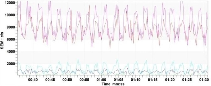 Example data showing the real-time analysis of muliple compounds exhaled in human breath during an exercise test