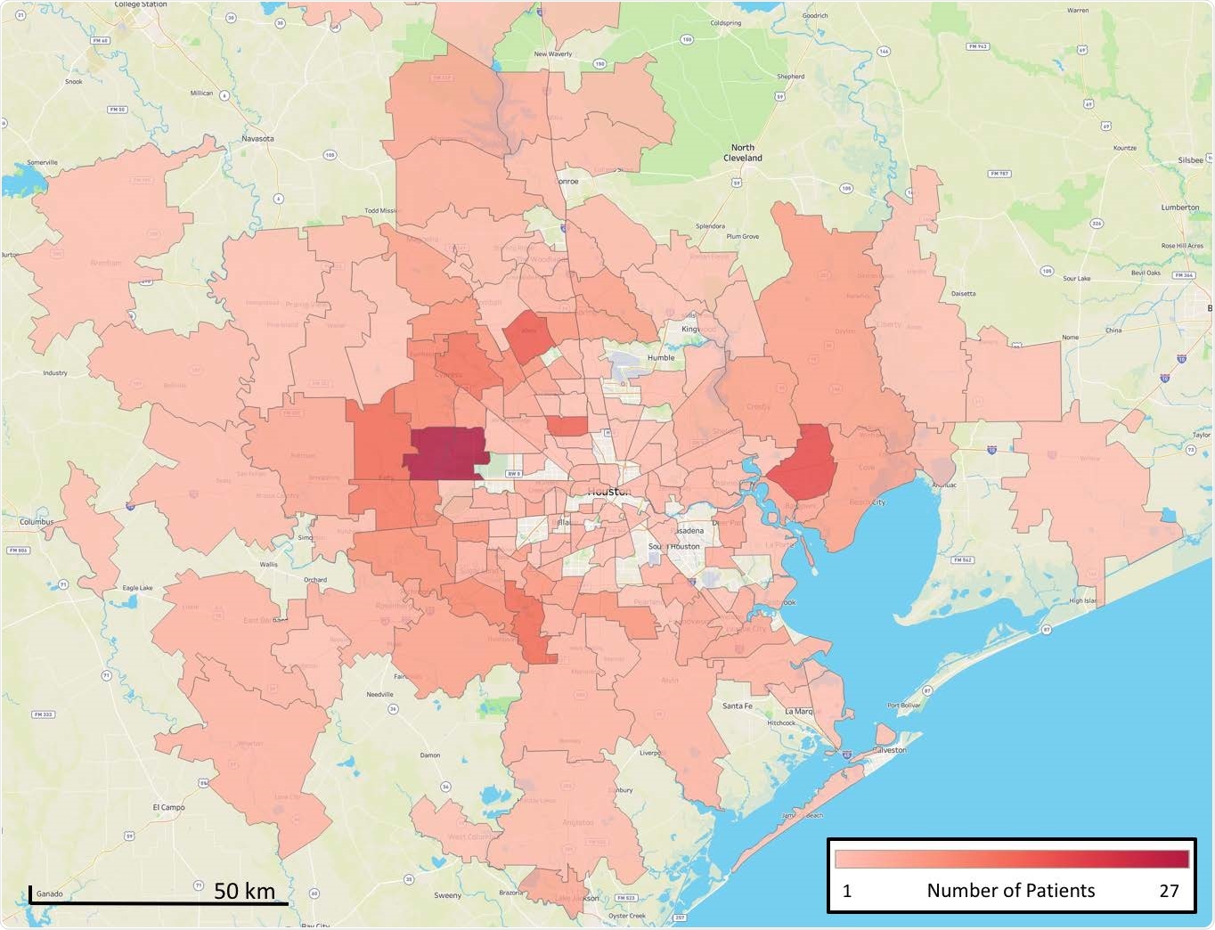 Geospatial distribution of B.1.1.7 cases identified in the study. The home address zip code for each patient was used and figures were generated using Tableau version 2020.3.4.