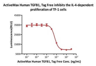 ActiveMax® Human TGFB1, Tag Free (Cat. No. TG1-H4212) inhibits the IL-4-dependent proliferation of TF-1 cells. The ED50 for this effect is 0.43-0.91 ng/mL (Routinely tested).