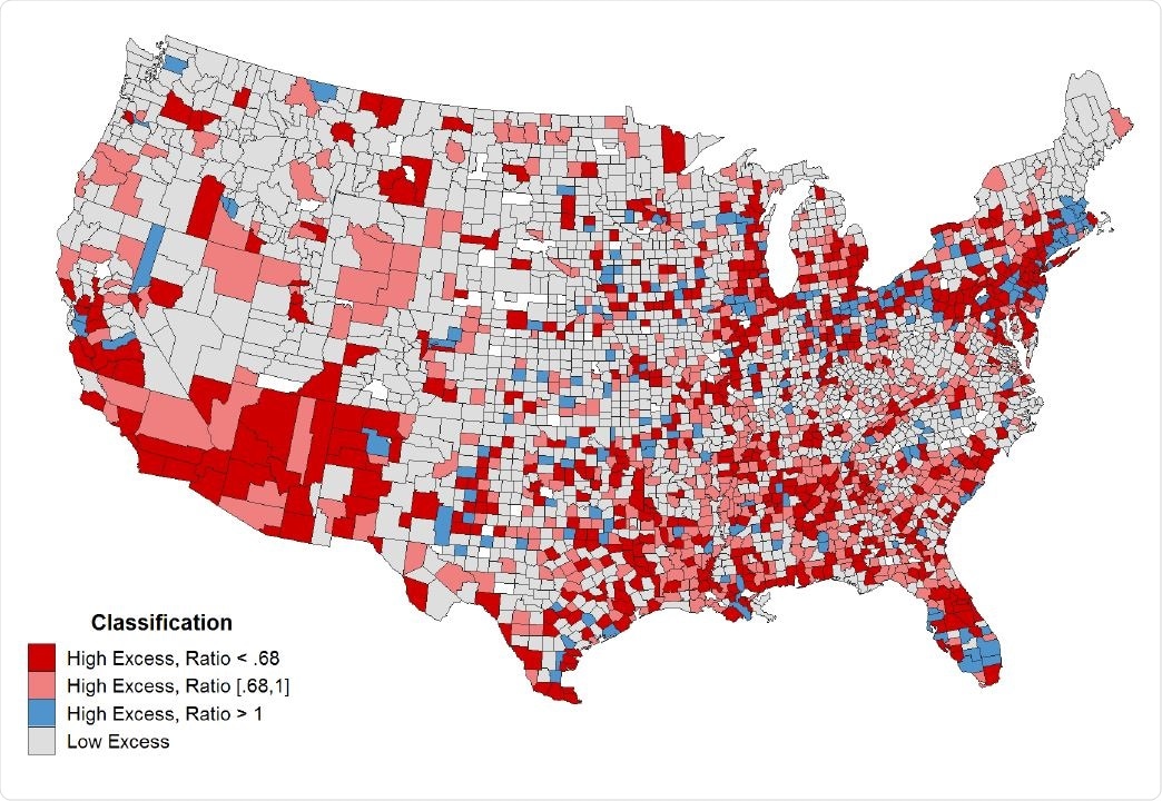 Classication of Counties based on Excess and COVID-19 Deaths. U.S. counties colored according to four major categories: (1) high excess death rate and less than 68% of excess deaths assigned to COVID-19, (2) high excess death rate and between 68% and 100% of excess deaths assigned to COVID-19, (3) high excess death rate and directly assigned death rate exceeds excess death rate, and (4) low or negative excess death rate. High excess indicates that the county had total deaths in 2020 that exceeded the upper 95% prediction interval threshold. Ratio denotes the ratio of direct COVID-19 deaths to excess deaths. Note that estimates for counties in North Carolina may be unreliable due to reporting lags.