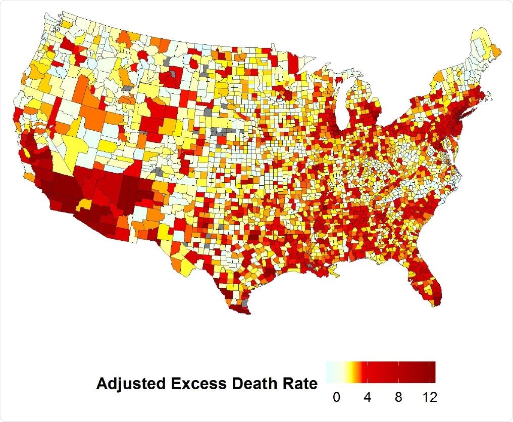 Adjusted Excess Death Rate by County. Heat map of adjusted excess death rate by county. Adjusted excess death rate is dened as the excess death rate divided by the standard error of the prediction for a given county and year. Note that estimates for counties in North Carolina may be unreliable due to reporting lags.