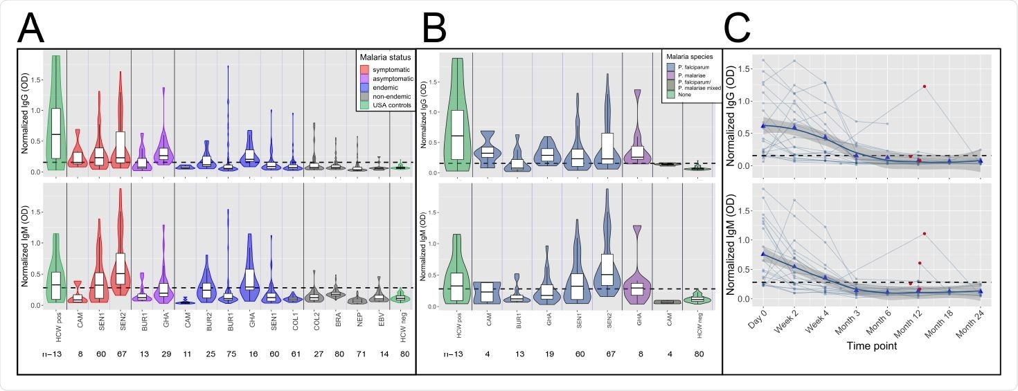 High frequency of cross-reactive antibodies to SARS-CoV-2 Spike protein from Plasmodium-infected individuals. In A. and B., Violin plots showing normalized IgG and IgM responses among patients from different cohorts. A. Among all subjects, those in non-malaria endemic areas had significantly lower IgG and IgM than others (t-test IgG p-value<0.0001 and IgM p-value<0.0001.) Subjects with acute malaria infection (symptomatic and asymptomatic) had significantly higher IgG and IgM than uninfected subjects living in malaria endemic areas (t-test p-value<0.0001 for both IgG and IgM). B. Normalized IgG was significantly higher among subjects with P. falciparum, P. malariae, and mixed infections than among negative controls (Welch Two Sample t-test p-value<0.0001 for P. falciparum,